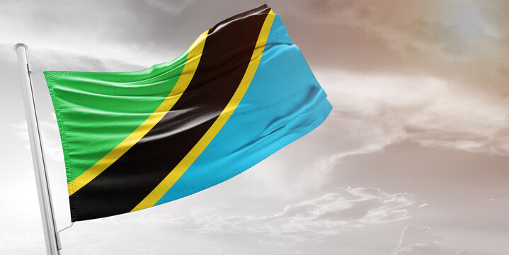 Tanzania national flag cloth fabric waving on beautiful grey Background.