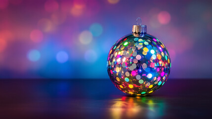 Fototapeta premium Festive Christmas bauble with colorful reflective glitter and glowing bokeh lights in a cheerful setting with copy space