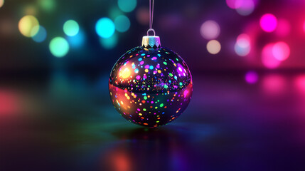 Fototapeta premium Vibrant Christmas bauble with colorful glitter and glowing bokeh lights in a festive holiday setting with copy space