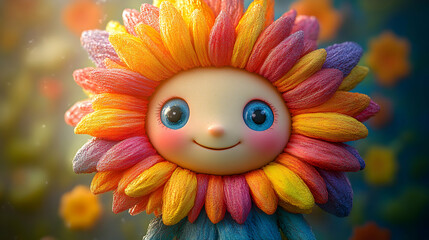 Fototapeta premium 3D Render of a Joyful Rainbow Flower Character Smiling Cheerfully in a Garden Setting