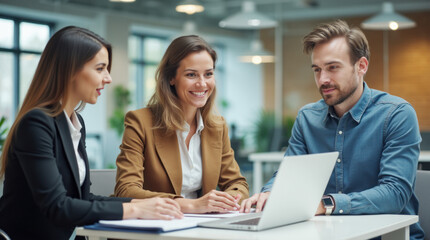 Obraz premium Team collaboration during a business meeting with a laptop in a modern workspace