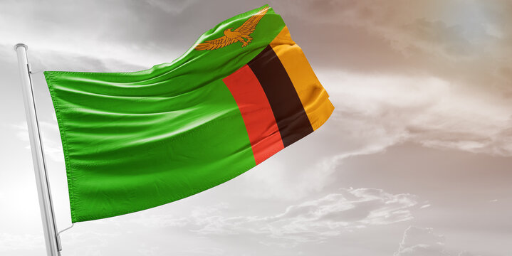 Zambia national flag cloth fabric waving on beautiful grey Background.