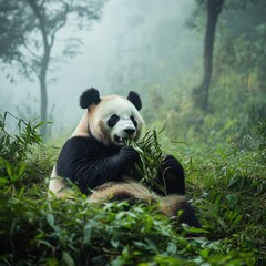 Fototapeta premium A giant panda peacefully eats bamboo in a misty forest setting, surrounded by lush green vegetation and foggy atmosphere.