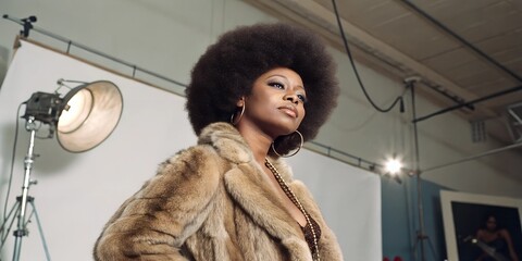 An African-American woman from the 70s with afro hair and fur coat studio shot