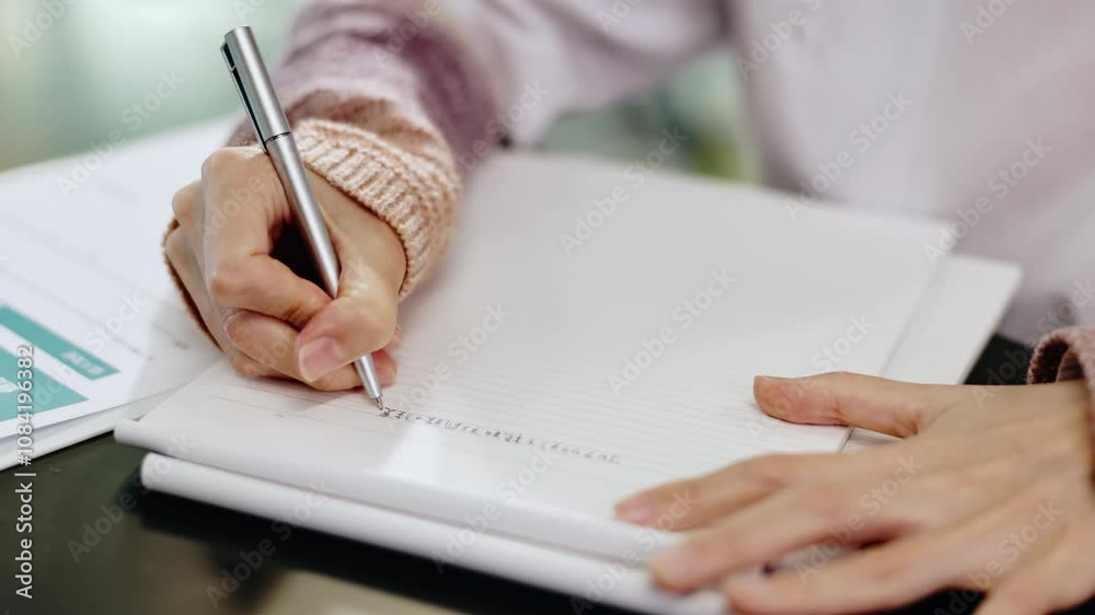 Poster school, classroom and hands of student writing on paper for assignment, examination and assessment. 