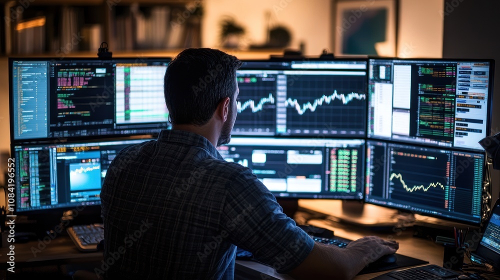 Fototapete Man Working on Multiple Computer Screens with Financial Data