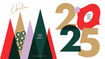 Fototapeta premium Merry Christmas and Happy New Year modern design in number 2025, Christmas tree, snowflake, balls and typography. Minimal Xmas concept for card, poster, holiday cover or banner.