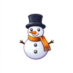 A cheerful cartoon snowman with a black hat and orange scarf, perfect for winter themes.