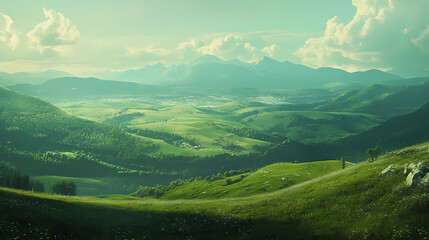 Obraz premium Green rolling hills and mountains in the distance. Elysium. Illustration