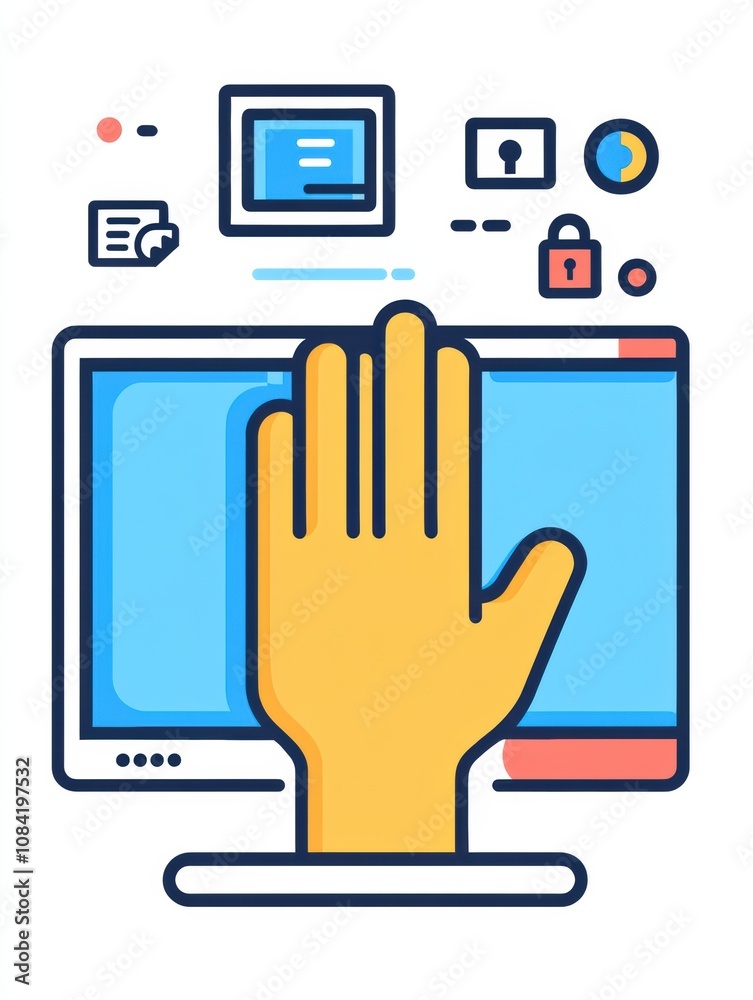 Fototapete A hand is extended towards a computer screen that shows various settings and security icons, representing digital interaction. Generative AI