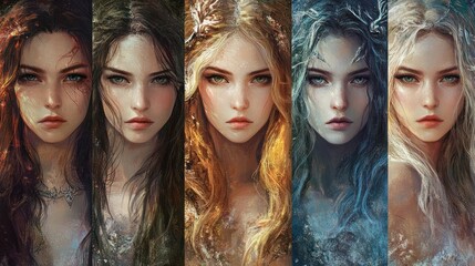 Obraz premium Beautiful fantasy fairy tale elf woman princess portrait collection set wallpaper AI generated image