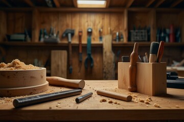 Carpentry work space with various tools for woodworking on the wooden table with no people