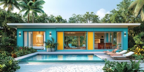 Fototapeta premium Modern turquoise house with a swimming pool and tropical garden.