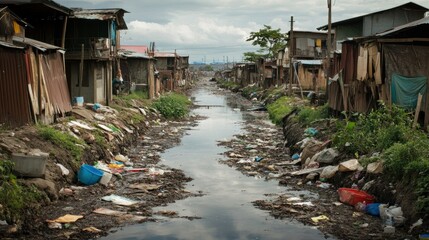 View of a river polluted with rubbish near a residential area in a bad environment background wallpaper AI generated image