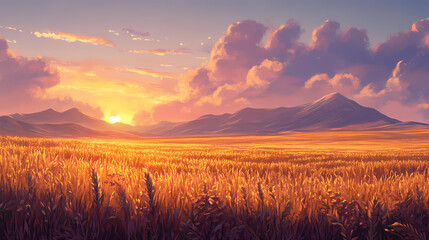 Landscape photography of a golden wheat field during sunset. Elysium. Illustration