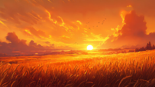 Landscape photography of a golden wheat field during sunset. Elysium. Illustration