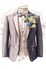 a groom s suit with bow tie and boutonniere, classic style, vector illustration, isolated on white background