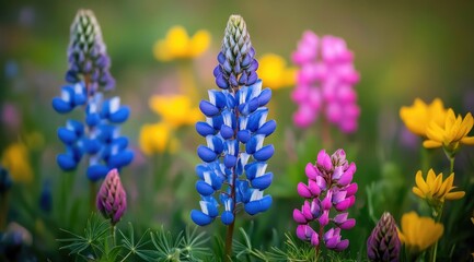 Colorful Wildflowers in the Foreground: Blue, Pink, and Yellow Blooms with a Green Background