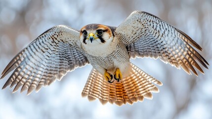 Fototapeta premium Majestic Falcon in Full Flight Showcasing Stunning Feather Patterns Against a Soft Blurred Background, Symbolizing Freedom and Grace in Nature