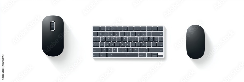 Aufkleber A sleek black keyboard sits between two matching black mouse devices on a pristine white desk, creating a minimalist workspace vibe. Generative AI