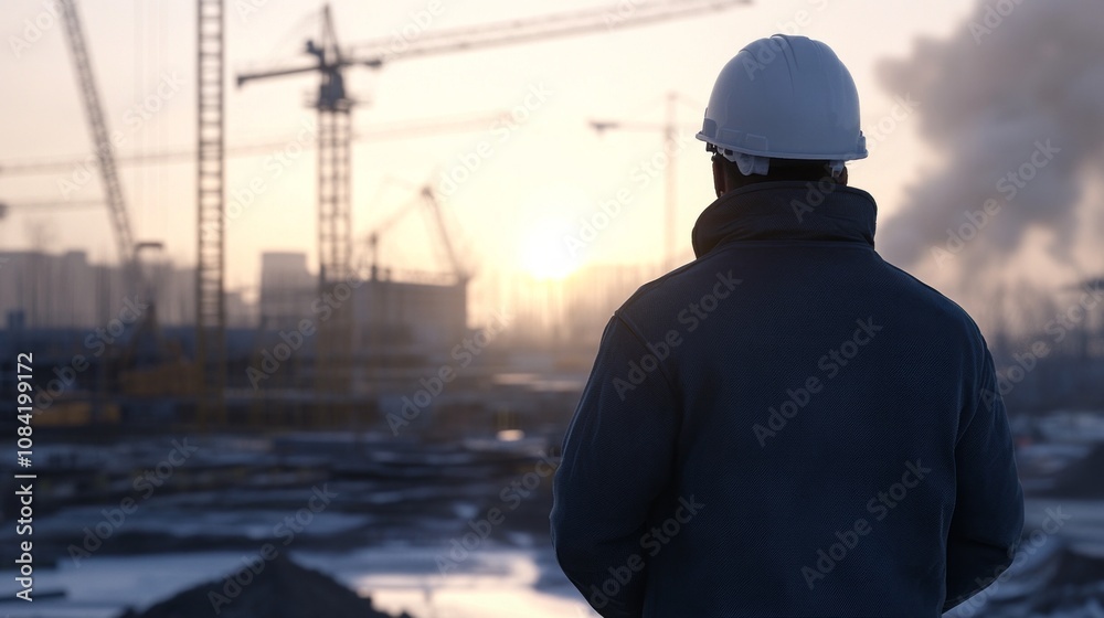 Poster a man in a hard hat stands in front of a construction site