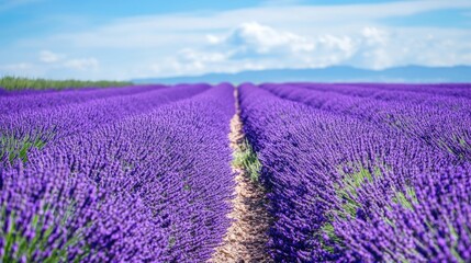 Obraz premium A vibrant field of lavender in full bloom, with rows of purple flowers stretching towards the horizon under a bright blue sky