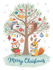 Fototapeta premium Playful Animals Christmas Tree Greeting Card