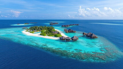 A thatched roof beach hut located on the beach on the island.