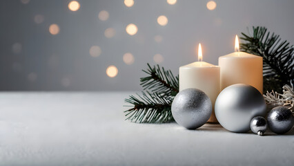 New Year's composition decorations for the New Year's table Two candles Christmas tree toys and branches light background