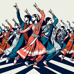 Minimalist pop art depiction of Kathak dance featuring clean lines and flat colors of traditional Indian costumes. 