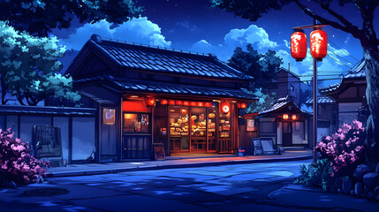 Fototapeta premium Nighttime digital illustration of a Japanese street scene with a store brightly lit, showcasing various goods, under a starry blue sky and traditional red lanterns.