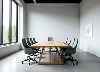 A modern and minimalist conference room with large windows, a long wooden table, and gray office chairs.