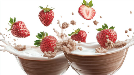 Fresh Strawberries Splash Into Creamy Chocolate Dessert Bowls During a Sweet Afternoon Treat