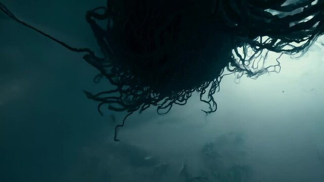 Camera tilts at a dutch angle, revealing writhing tentacles exploding from an unseen source, casting bizarre shadows