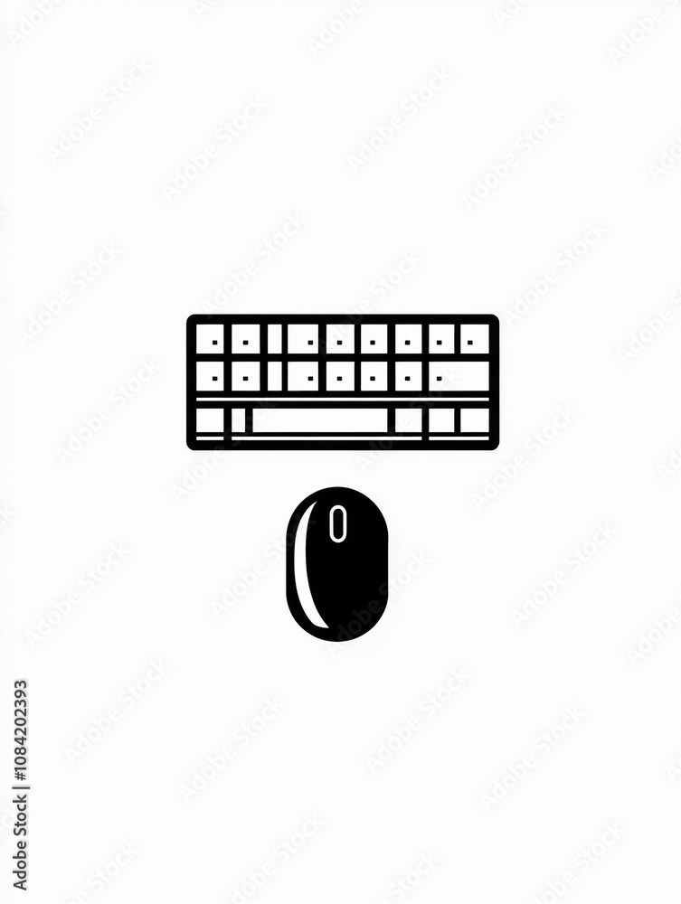 Poster This icon features a minimalistic black keyboard positioned above a mouse, both set against a clean white background for easy integration. Generative AI