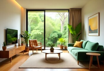 Fototapeta premium A modern living room with a large window, wooden furniture, and a green sofa. The room has a minimalist and warm design aesthetic.