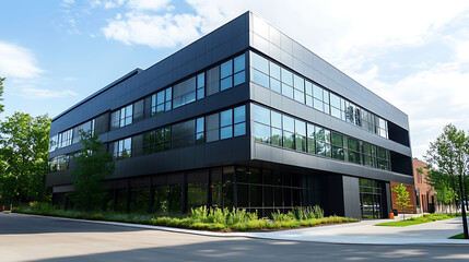 Obraz premium A photo of the facade of an office building in Sydney, Australia with full glass windows on one side and concrete walls on another side 