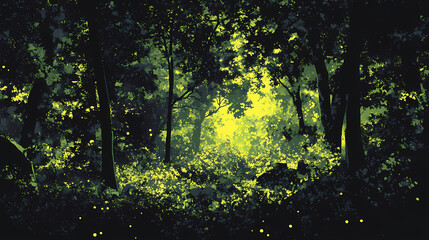 Dimly lit nocturnal elysian genetic fantasy forest. Elysium. Illustration
