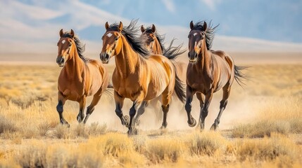 Fototapeta premium A group of wild horses charges through a dry desert plain, showcasing strength, freedom, and untamed beauty against a mountainous backdrop.