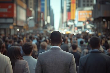 Fototapeta premium Man in Suit Walking Through Blurry City Crowd5