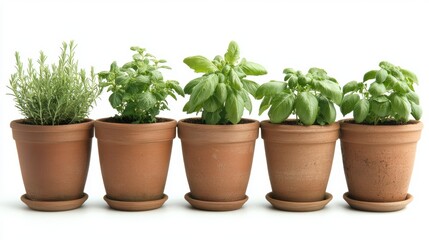 Obraz premium A collection of five terracotta pots with vibrant herbs such as rosemary and basil, perfect for gardening blogs, culinary websites, or home dÃ©cor materials focused on natural themes,