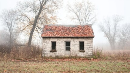 Fototapeta premium A quaint, weathered stone house is surrounded by autumn leaves and a foggy landscape, evoking a sense of nostalgia and solitude, Ideal for seasonal themes, home decor, or storytelling visuals,