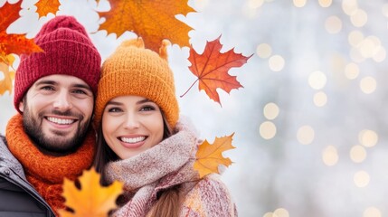 A cheerful couple poses warmly in colorful winter hats and scarves, surrounded by autumn leaves and soft bokeh lights, This image is ideal for promoting seasonal products or holiday campaigns, - Powered by Adobe