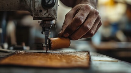 A dynamic shot of a hand stitching leather on a swing machine, showcasing the process in action. 