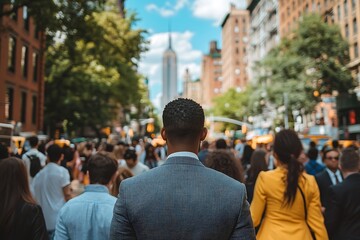 Obraz premium Man in Suit Walking Through Busy City Street With Blurred Skyscrapers