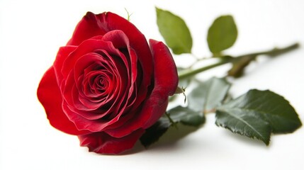 A fully bloomed red rose with a rich, vibrant color and a short stem, set against a pure white background. 