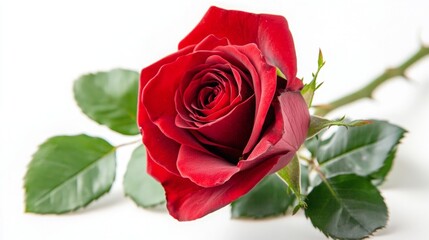 A fully bloomed red rose with a rich, vibrant color and a short stem, set against a pure white background. 
