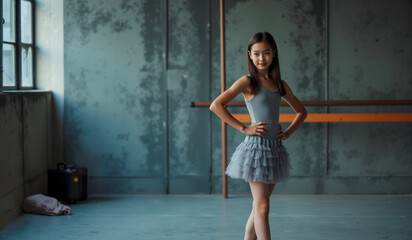 Fototapeta premium a girl in a blue dress stands in front of a wall with a blue background.