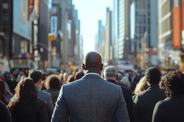 Obraz premium Man in Suit Walking Through Busy Downtown Cityscape