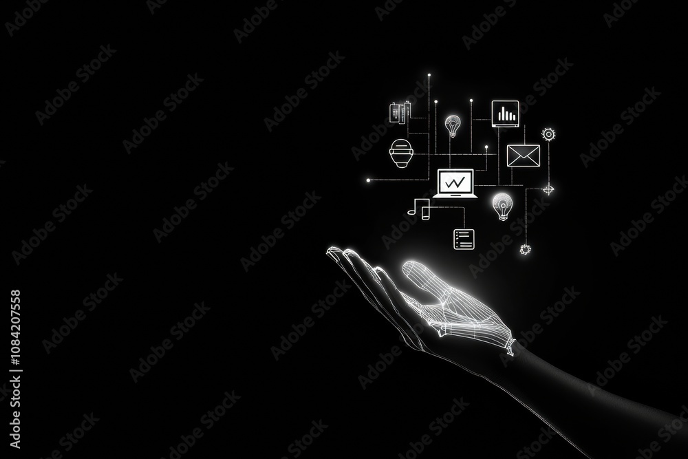 Aufkleber A hand extends towards a digital display showcasing various technology icons, emphasizing settings and security features in use. Generative AI